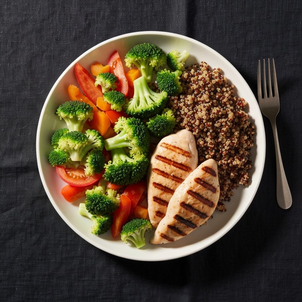 An overhead view of a balanced plate with vegetables, whole grains and protein foods on white ceramic
