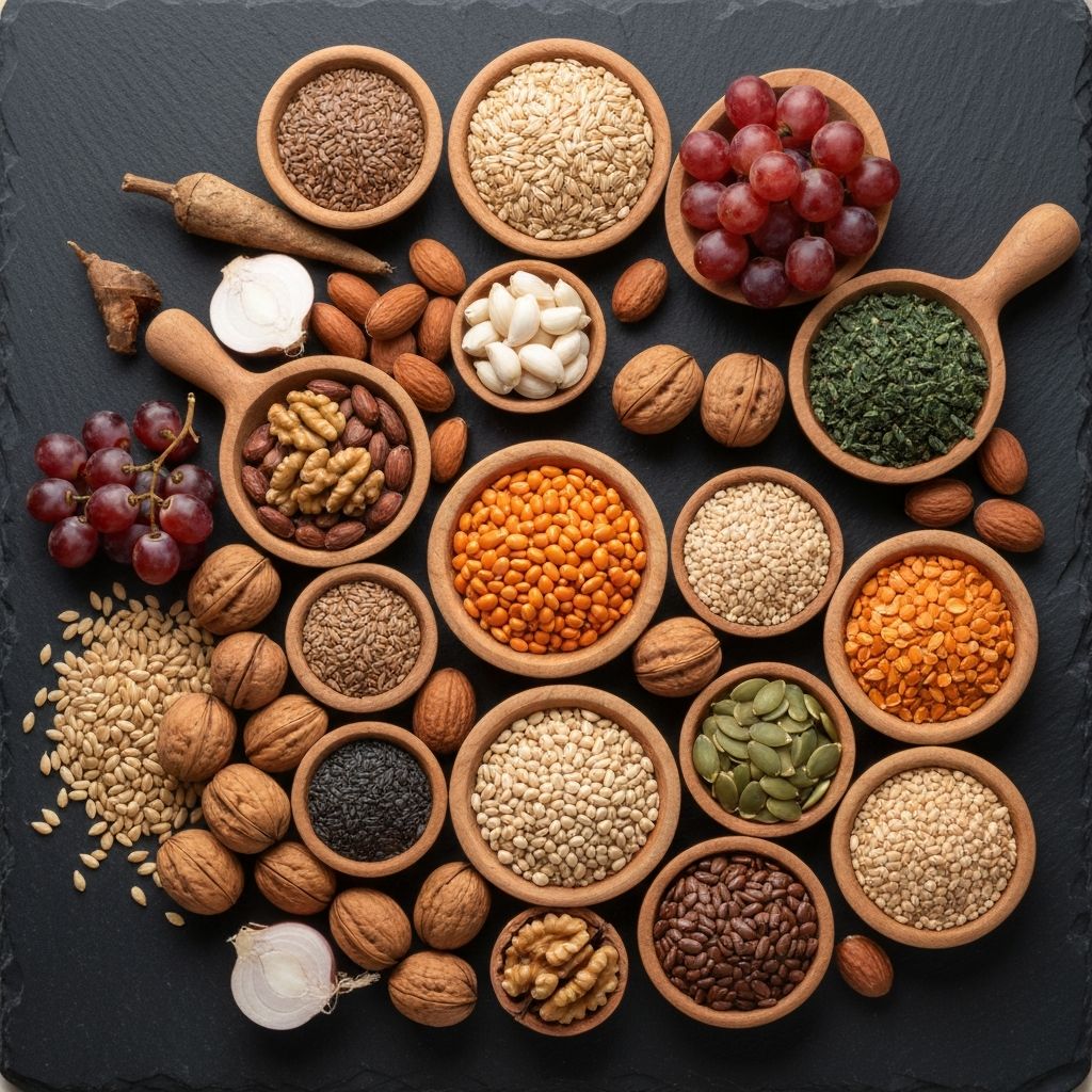 An overhead arrangement of diverse fresh whole foods including vegetables, fruits, grains and nuts