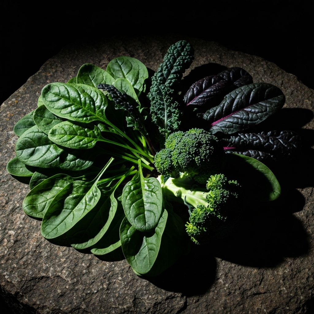 Dark leafy greens including kale and spinach arranged on a stone surface