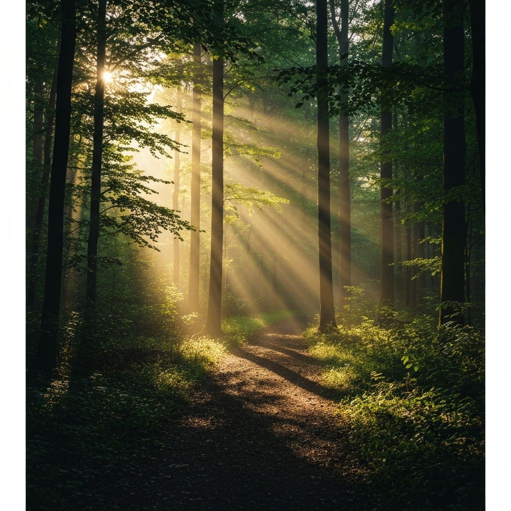 Morning light filtering through forest trees onto a peaceful path with lush foliage